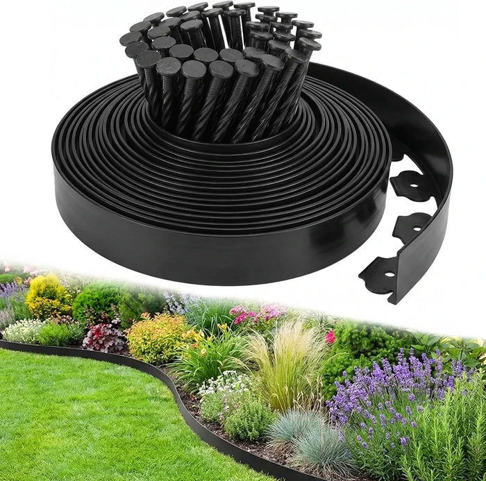 Garden Edging Border, 33FT/10M Black Flexible Plastic Lawn Edging with 30 Reinforced Pegs, 4.6CM High Lawn Edging Border - Easy Dig & Cut Installation for Flowerbeds, Lawns & Pathways