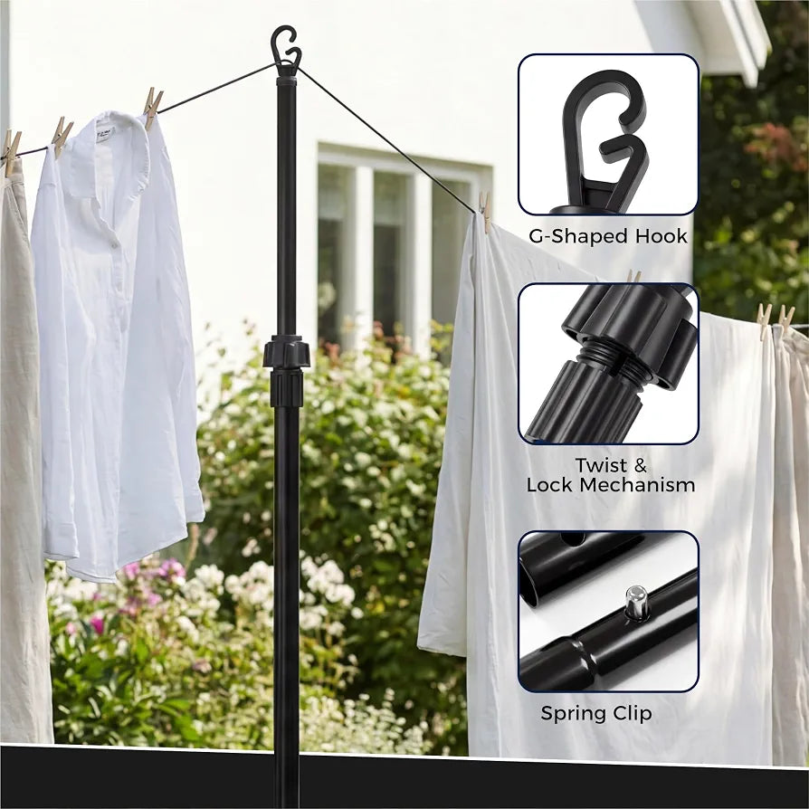2.4M Telescopic Washing Line Prop Pole Metal Clotheslines Heavy Duty Home Garden Laundry Support Drying Line Poles Dry Clothes Drying Airer Washing Pole Extenedable to 2.4M Black Pack of 2