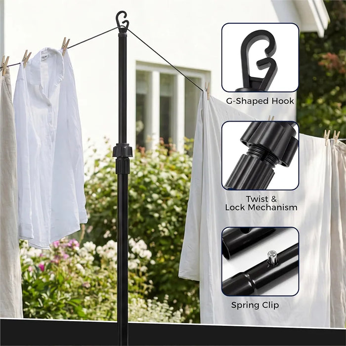 2.4M Telescopic Washing Line Prop Pole Metal Clotheslines Heavy Duty Home Garden Laundry Support Drying Line Poles Dry Clothes Drying Airer Washing Pole Extenedable to 2.4M Black Pack of 2