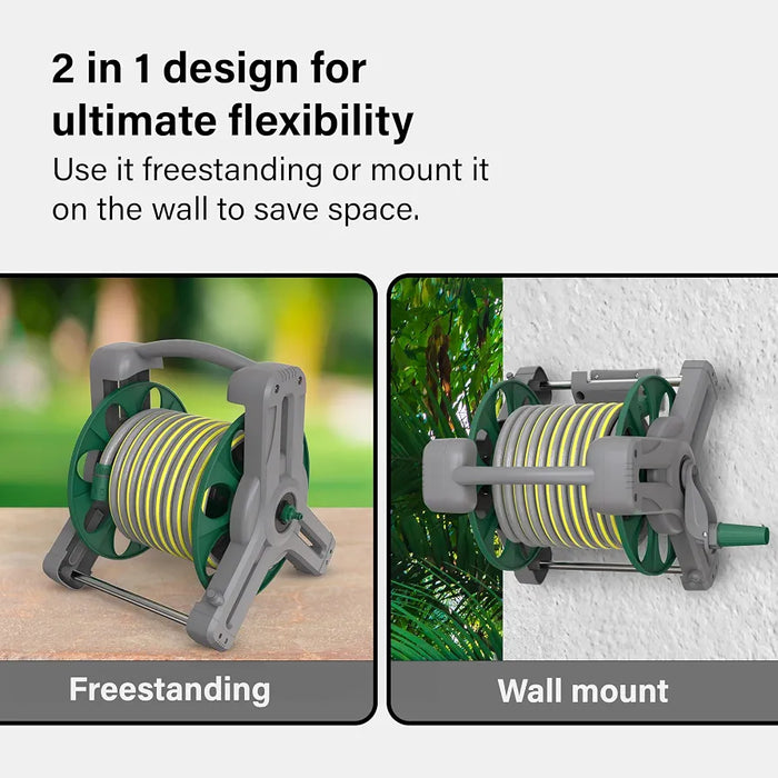 Garden Hose Reel 25M , 2-in-1 as Free Standing or Wall Mounted Hosepipe,Complete with 7 Spray Gun, Nozzle and Fittings, Robust Frame for Stability, Compact Hose Reel Flexibility Use