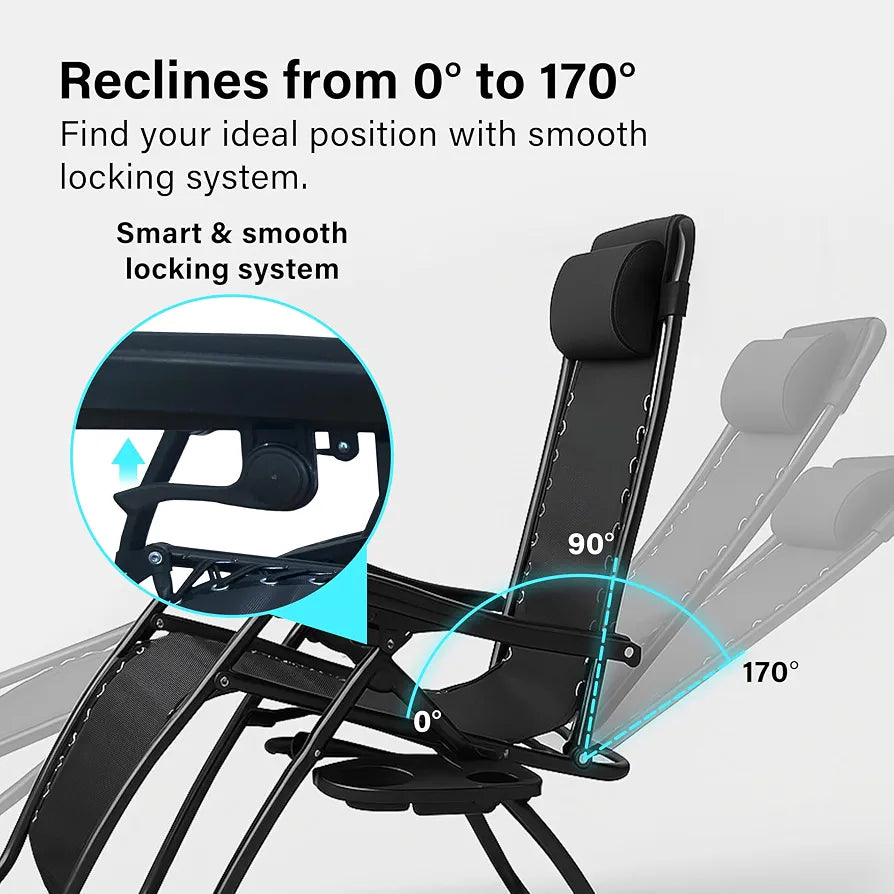 Folding Reclining Adjustable Zero Gravity Lounge Chair, Garden Chair Leisure Beach Chairs with Headrest and Cup Holder, Sun Loungers Powder-Coated Steel Frames, Sunlounger for Deck Chairs, Patio,Black
