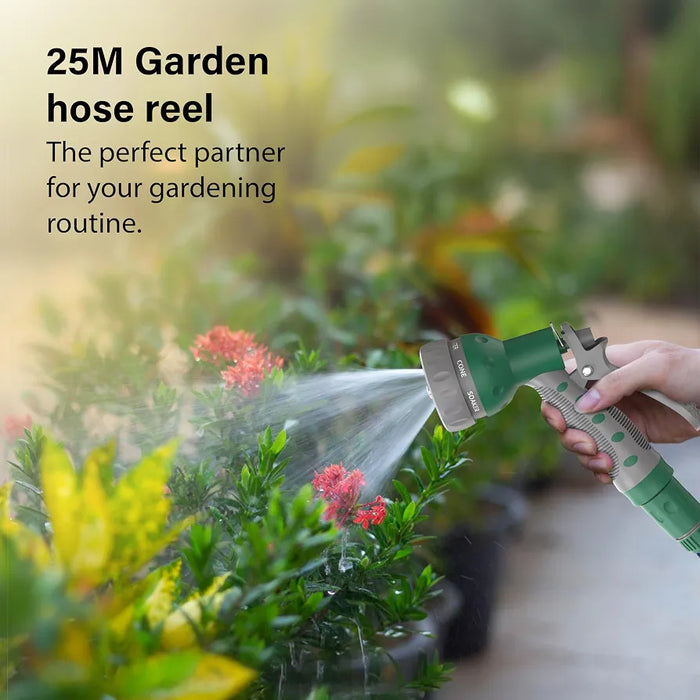 Garden Hose Reel 25M , 2-in-1 as Free Standing or Wall Mounted Hosepipe,Complete with 7 Spray Gun, Nozzle and Fittings, Robust Frame for Stability, Compact Hose Reel Flexibility Use