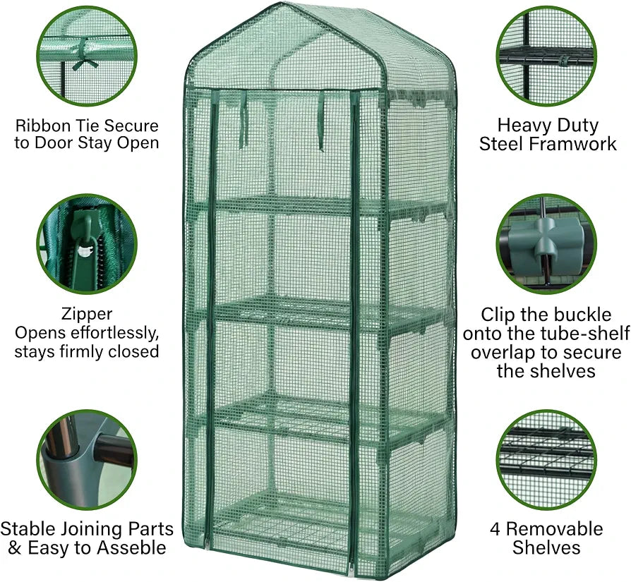 4 Tier Mini PE Greenhouse, Portable Green Houses with 4 Shelves and Shed Metal Frame, Weatherproof PE Plastic Cover & Roll up Zip Panel Door, Outdoor & Indoor, 50x45x158CM - Easy No Tool Assembly