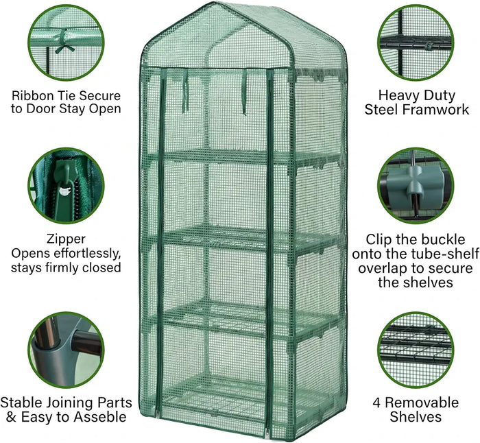 4 Tier Mini PE Greenhouse, Portable Green Houses with 4 Shelves and Shed Metal Frame, Weatherproof PE Plastic Cover & Roll up Zip Panel Door, Outdoor & Indoor, 50x45x158CM - Easy No Tool Assembly