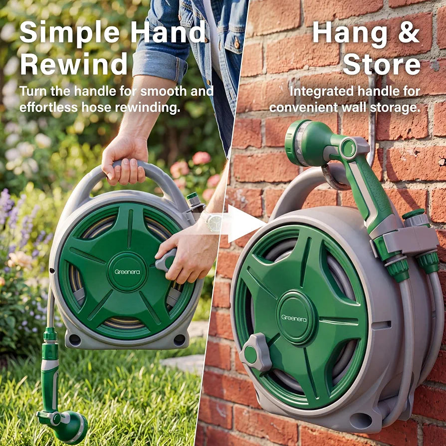 Garden Hose Reel 20M,18m Water Pipe +2m Leader Hose, Hose Pipe Reel with 10 Adjustable Spray Gun Nozzles, Manual Retractable Garden Water Hose Reel,Outdoor Hose Reel Set for Garden Patios,Balconies