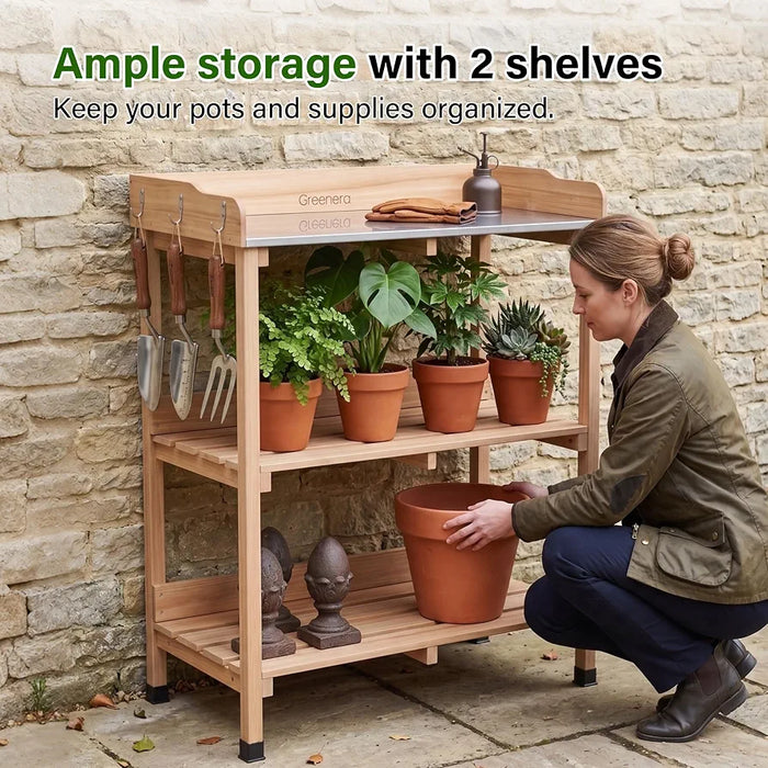 3 Tier Garden Potting Table, Wooden Potting Bench with 6 Hooks and Shelves, Garden Table Garden Work Station Outdoor Potting Table for Patios,Courtyards, Garden, 91.5cm x 75cm x 36.5cm