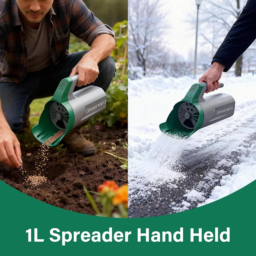 1L Handheld Seed Spreader, Mini Lawn Spreader with Adjustable Dial Salt Spreader, Precise Application, No Assembly, Multi-Use Lawn & Garden Spreader for Grass Seed, Lawn Feed