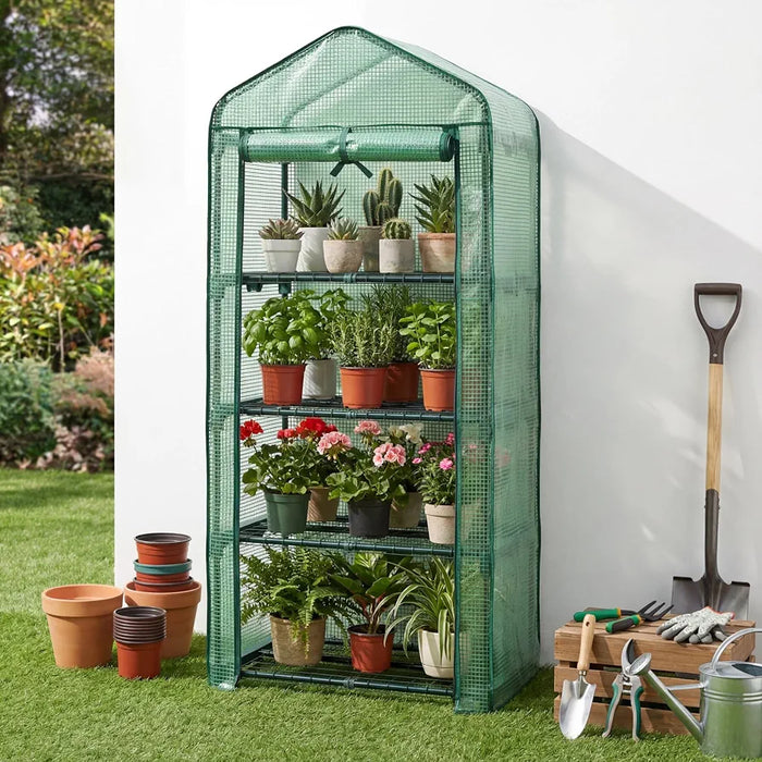 4 Tier Mini PE Greenhouse, Portable Green Houses with 4 Shelves and Shed Metal Frame, Weatherproof PE Plastic Cover & Roll up Zip Panel Door, Outdoor & Indoor, 50x45x158CM - Easy No Tool Assembly