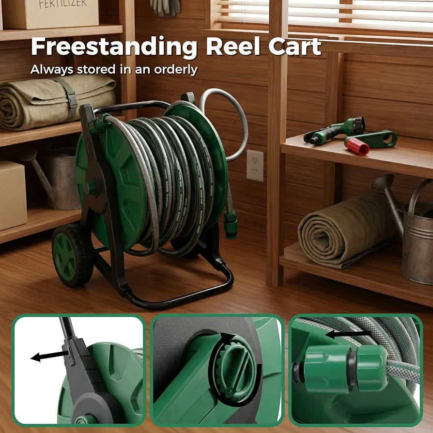 30M Garden Hose Pipe Reel Cart on Wheels | 28.5m Water Pipe | 1.5m Leader Hose | Hosepipe Trolley with Rewind Handle | 7 Mode Spray Gun | Freestanding | Tap Connectors | Car Pressure Washer Compatible