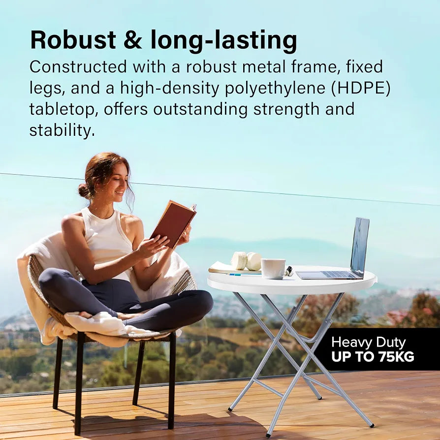 Vivo Technologies 80cm Round Folding Table, Portable Plastic Garden Table for Camping, Catering, BBQ, Picnic, Party, Car Boot Sales, Dining, Kitchen & Outdoor Events, White