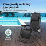 Folding Reclining Adjustable Zero Gravity Lounge Chair, Garden Chair Leisure Beach Chairs with Headrest and Cup Holder, Sun Loungers Powder-Coated Steel Frames, Sunlounger for Deck Chairs, Patio,Black