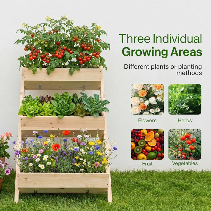 3-Tier Raised Garden Bed, Large Wooden Elevated Planter Box for Vegetables, Herbs & Flowers, Natural Wood Plant Stand for Outdoor Patio