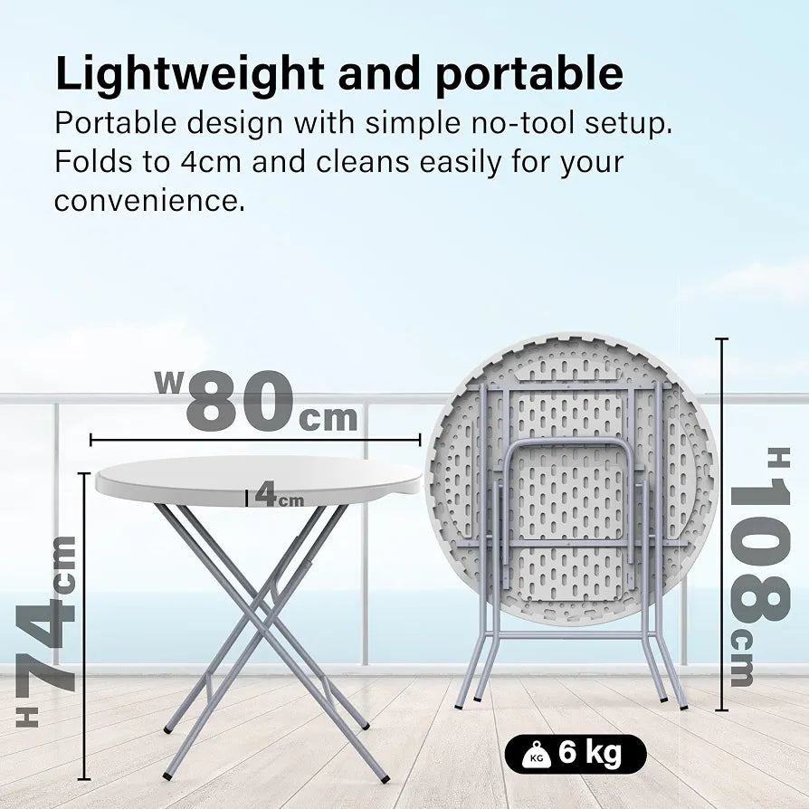 Vivo Technologies 80cm Round Folding Table, Portable Plastic Garden Table for Camping, Catering, BBQ, Picnic, Party, Car Boot Sales, Dining, Kitchen & Outdoor Events, White
