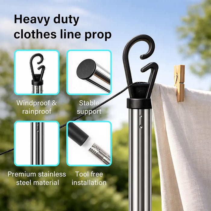 2.4M Stainless Steel Washing Line Pole, Heavy Duty Adjustable Clothes Props for Washing Line Outside, 4-Section Telesopic Clothes Line Prop, Home Garden Washing Poles for Laundry Support Pack of 2