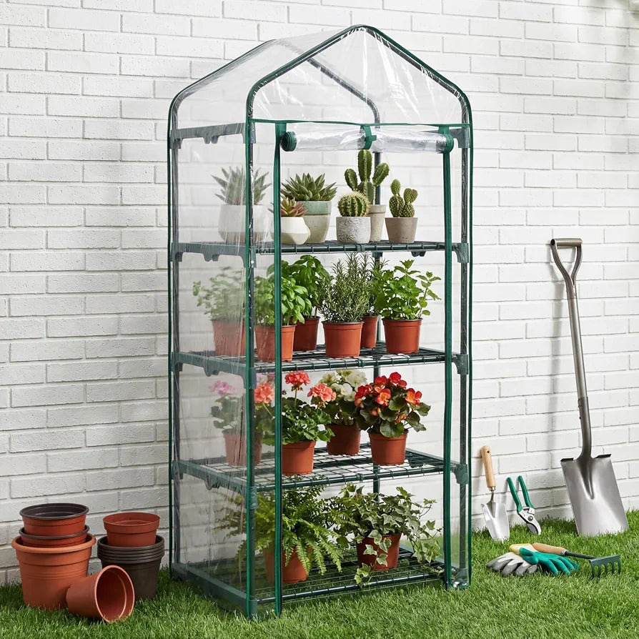 4 Tier Mini Greenhouse, Small Portable Compact Garden Grow House Plant Greenhouses , Basic Green House with Weatherproof PVC Plastic Cover Indoor outdoor