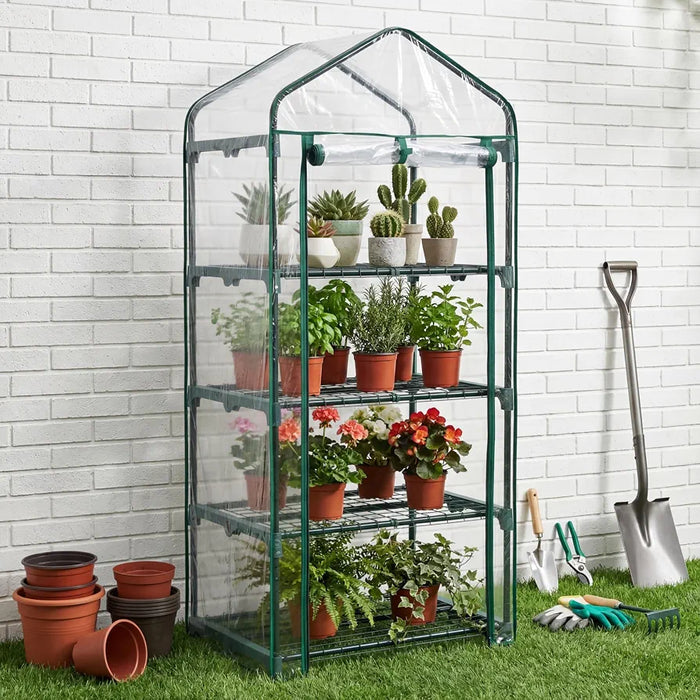 4 Tier Mini Greenhouse, Small Portable Compact Garden Grow House Plant Greenhouses , Basic Green House with Weatherproof PVC Plastic Cover Indoor outdoor