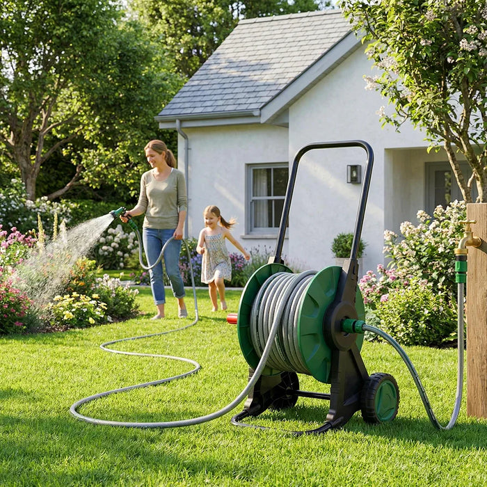 30M Garden Hose Pipe Reel Cart on Wheels | 28.5m Water Pipe | 1.5m Leader Hose | Hosepipe Trolley with Rewind Handle | 7 Mode Spray Gun | Freestanding | Tap Connectors | Car Pressure Washer Compatible