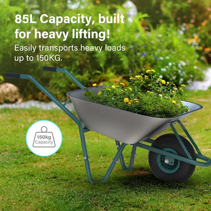 85L Wheelbarrow Home Garden, Heavy Duty Cart Galvanised Wheel Barrow with Pneumatic Tyre 150KG Load-Bear, Strong Large Transport Trolley Handcart, Suitable for Garden Work