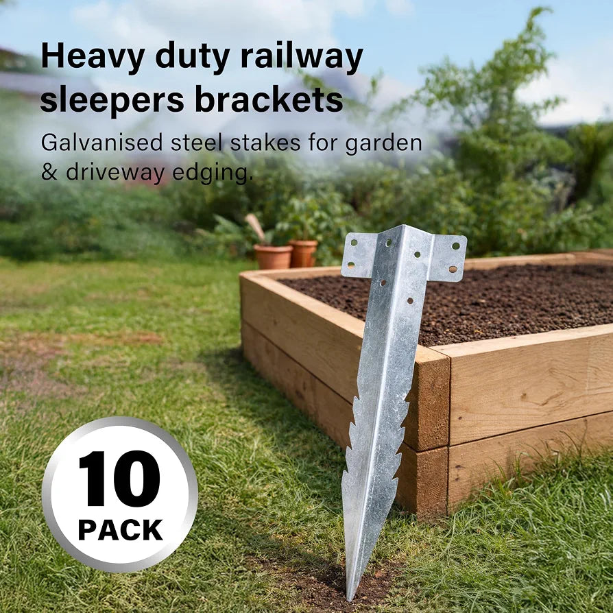 10 Pack Railway Sleeper Brackets, Heavy Duty Metal Sleeper Stakes, Galvanized Steel Jagged Stakes for Garden Edging, Timber Raised Beds, Driveway, Pathways & Retaining Walls