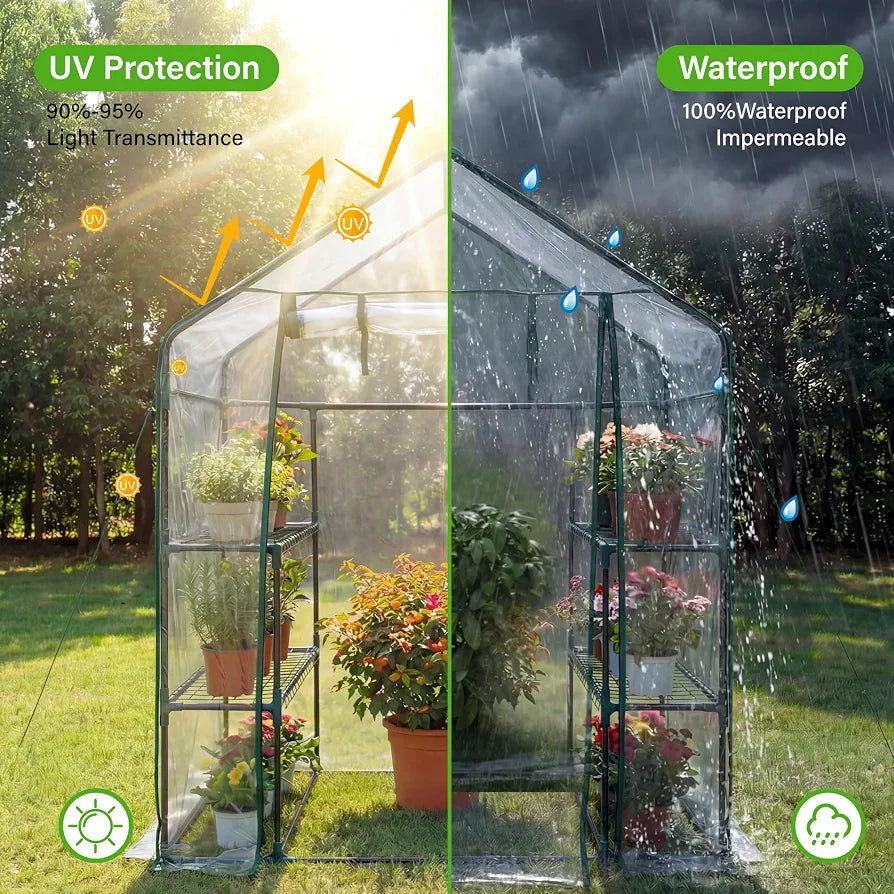 3 Tier Walk In Greenhouse - Shed Metal Frame Green House with 6 Shelves, Weatherproof PVC Plastic Cover and Roll up Zip Panel Door, Ideal for Growing Vegetables, Flowers, Seedlings, Tool-Free Assembly
