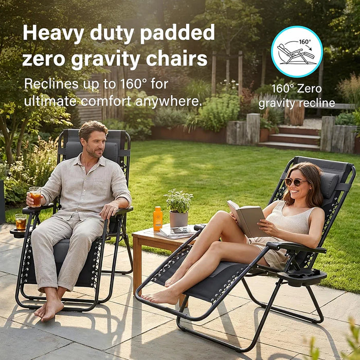 Set of 2 Extra Wide Zero Gravity Chairs, Luxury XXL Premium Heavy Duty Padded Garden Recliners,Sun Lounger Folding Garden Recliner,Adjustable Headrest,Cup & Phone Holder