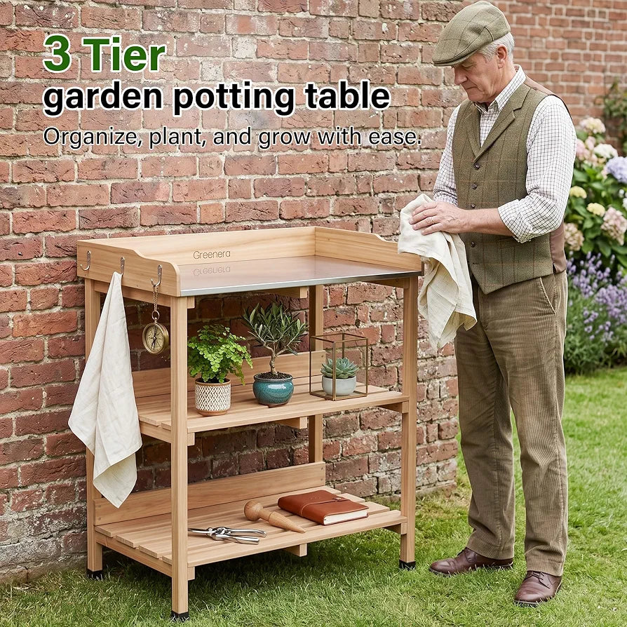 3 Tier Garden Potting Table, Wooden Potting Bench with 6 Hooks and Shelves, Garden Table Garden Work Station Outdoor Potting Table for Patios,Courtyards, Garden, 91.5cm x 75cm x 36.5cm