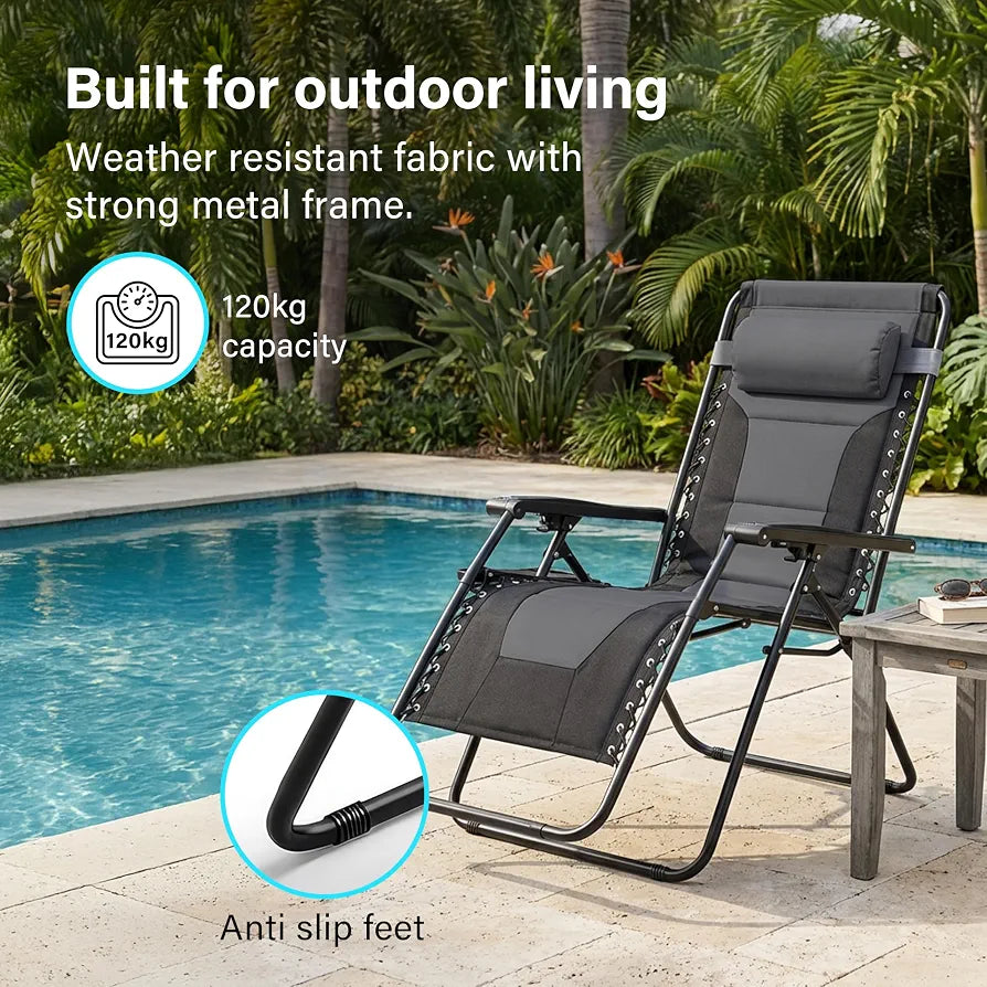 Set of 2 Extra Wide Zero Gravity Chairs, Luxury XXL Premium Heavy Duty Padded Garden Recliners,Sun Lounger Folding Garden Recliner,Adjustable Headrest,Cup & Phone Holder