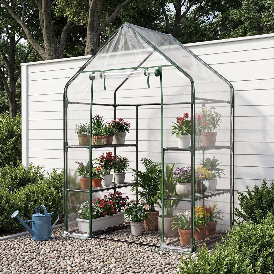 3 Tier Walk In Greenhouse - Shed Metal Frame Green House with 6 Shelves, Weatherproof PVC Plastic Cover and Roll up Zip Panel Door, Ideal for Growing Vegetables, Flowers, Seedlings, Tool-Free Assembly