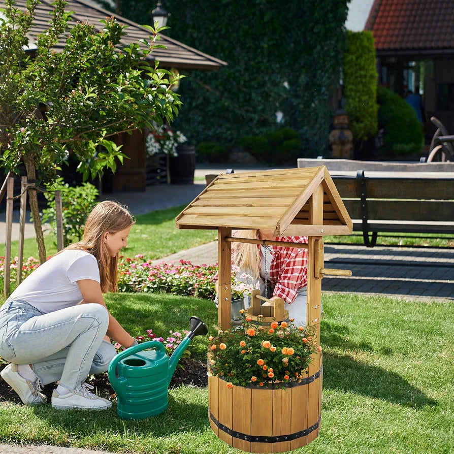 Vivo Technologies Large Wooden Wishing Well Planter Large Solid Pine Ornamental Outdoor Garden Plant Flower Pot Outdoor Ornament Decoration