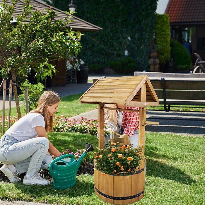Vivo Technologies Large Wooden Wishing Well Planter Large Solid Pine Ornamental Outdoor Garden Plant Flower Pot Outdoor Ornament Decoration