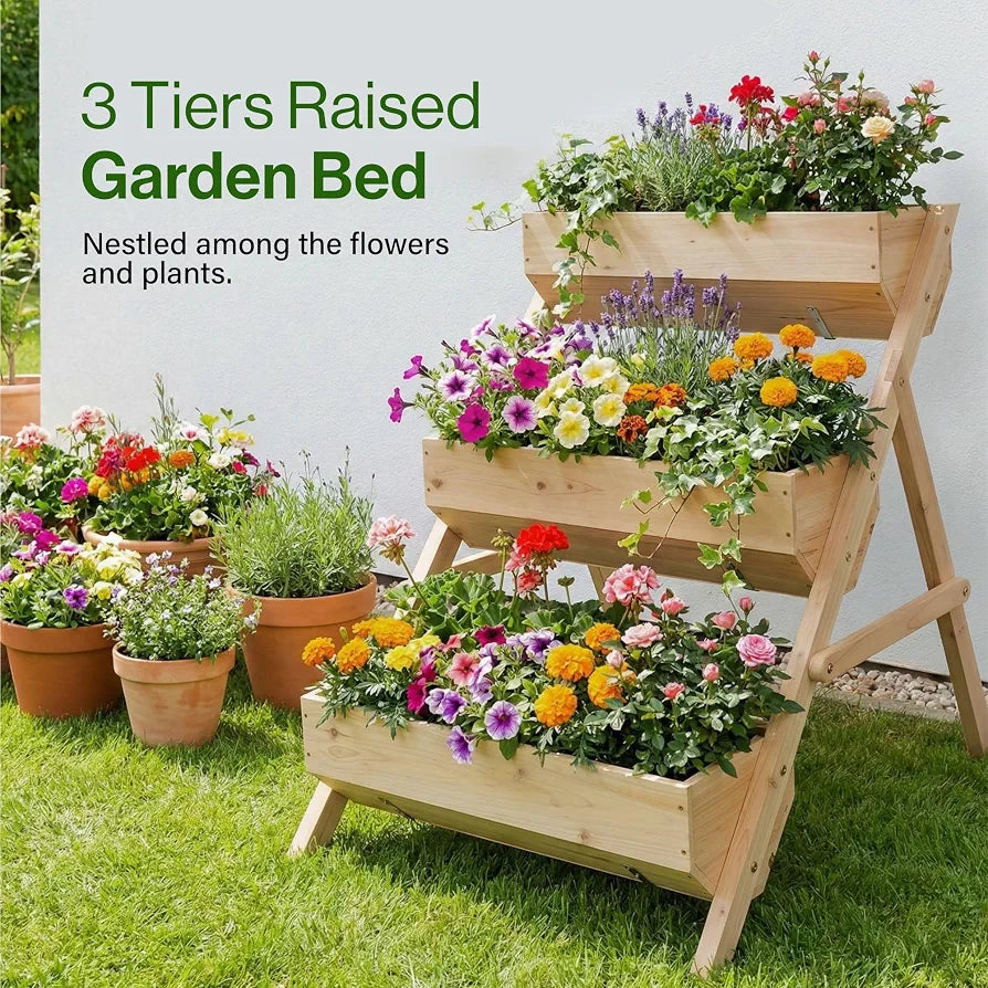 3-Tier Raised Garden Bed, Large Wooden Elevated Planter Box for Vegetables, Herbs & Flowers, Natural Wood Plant Stand for Outdoor Patio