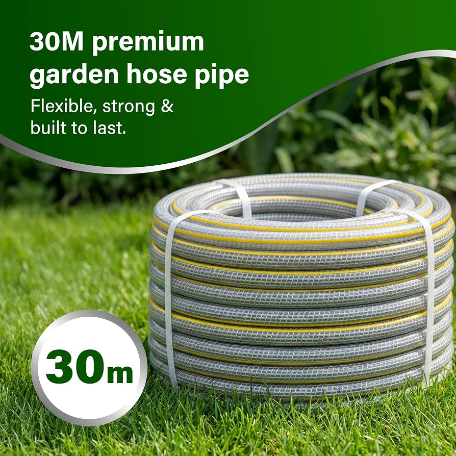 Garden Hose Pipe, 12.5mm x 30m Starter Set, Including 2 in 1 Faucet Tap Adapter, Hose End Quick Connector and Sprayer, Re-Enforced PVC Layering, Hard-Wearing Hosepipe for Outdoor Garden Car Washing