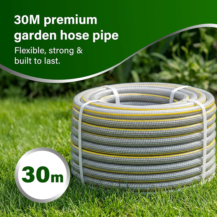 Garden Hose Pipe, 12.5mm x 30m Starter Set, Including 2 in 1 Faucet Tap Adapter, Hose End Quick Connector and Sprayer, Re-Enforced PVC Layering, Hard-Wearing Hosepipe for Outdoor Garden Car Washing
