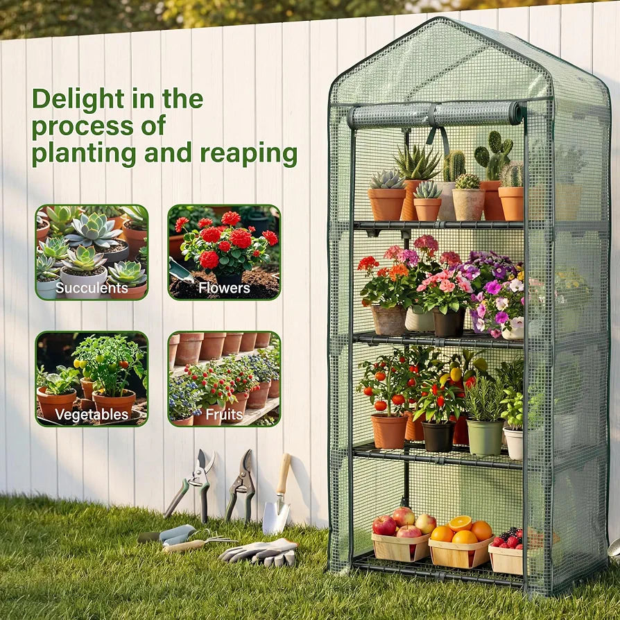 4 Tier Mini PE Greenhouse, Portable Green Houses with 4 Shelves and Shed Metal Frame, Weatherproof PE Plastic Cover & Roll up Zip Panel Door, Outdoor & Indoor, 50x45x158CM - Easy No Tool Assembly