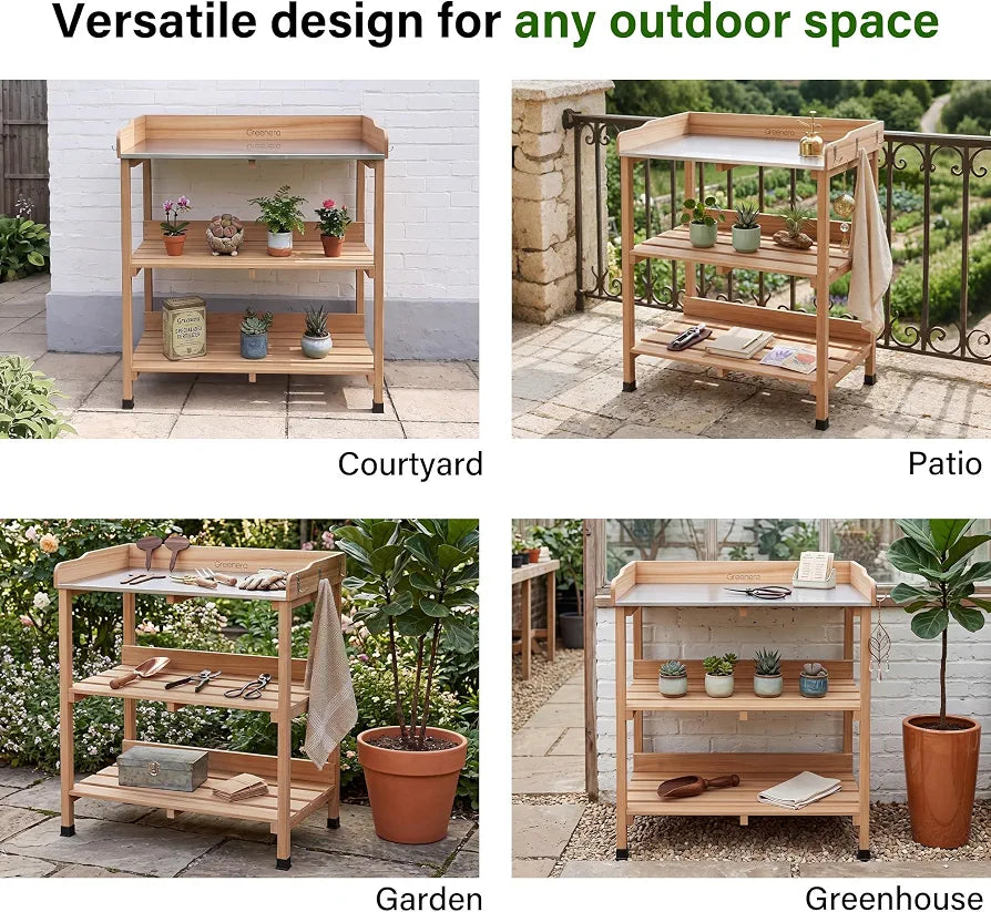 3 Tier Garden Potting Table, Wooden Potting Bench with 6 Hooks and Shelves, Garden Table Garden Work Station Outdoor Potting Table for Patios,Courtyards, Garden, 91.5cm x 75cm x 36.5cm