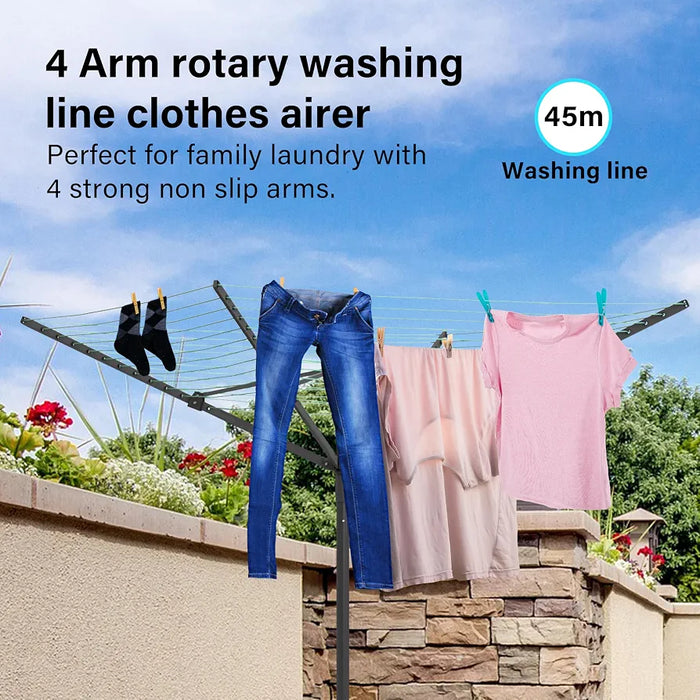 Vivo Technologies 4 Arm 45M Rotary Washing Line Heavy Duty Clothes Airer Dryer for Outdoor & Garden, Folding Large Rotary Clothes Line with Metal Ground Spike and Cover, Green