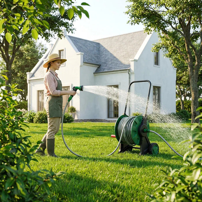 30M Garden Hose Pipe Reel Cart on Wheels | 28.5m Water Pipe | 1.5m Leader Hose | Hosepipe Trolley with Rewind Handle | 7 Mode Spray Gun | Freestanding | Tap Connectors | Car Pressure Washer Compatible