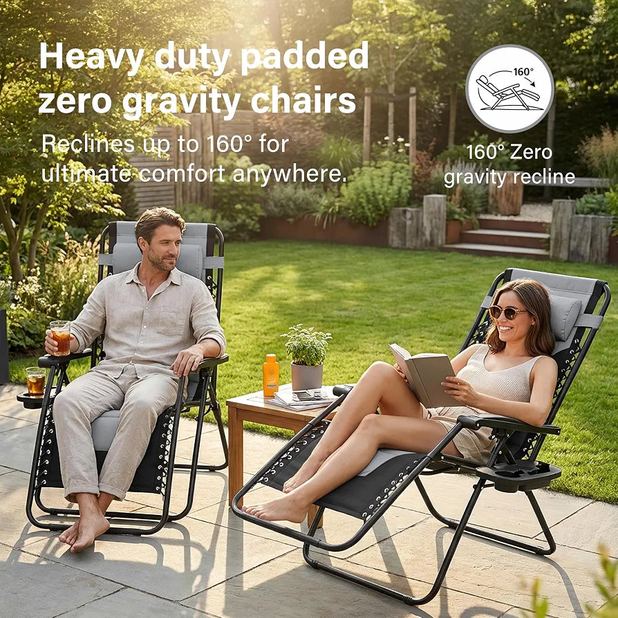 Set of 2 Extra Wide Zero Gravity Chairs, Luxury XXL Premium Heavy Duty Padded Garden Recliners,Sun Lounger Folding Garden Recliner,Adjustable Headrest,Cup & Phone Holder
