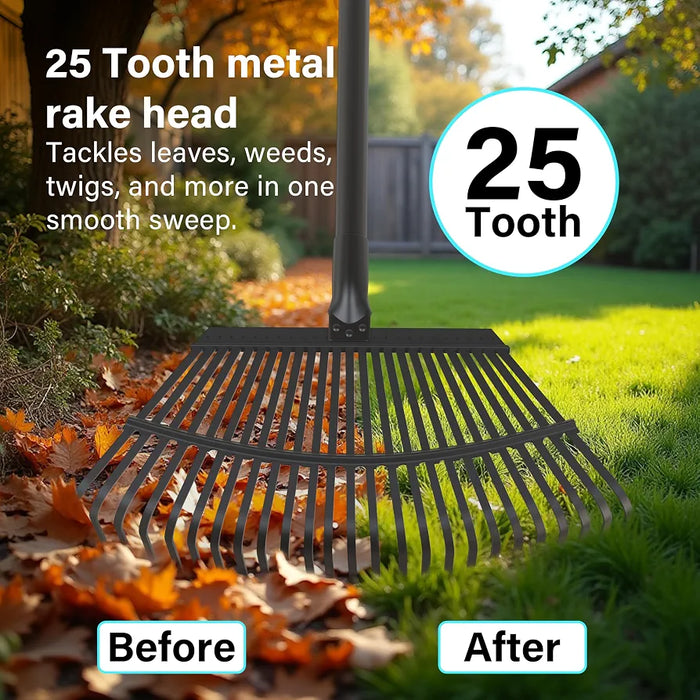 Garden Rake Heavy Duty, 25-tooth Metal Rake Upgraded 65-inch Adjustable Long Handle, Wide Metal Head for Leaf Yard Cleanup & Lawn Levelling Garden Leveller