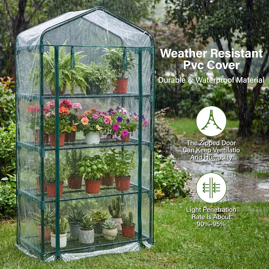 4 Tier Mini Greenhouse, Small Portable Compact Garden Grow House Plant Greenhouses , Basic Green House with Weatherproof PVC Plastic Cover Indoor outdoor