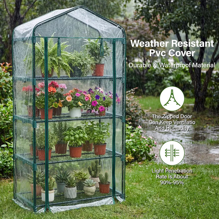 4 Tier Mini Greenhouse, Small Portable Compact Garden Grow House Plant Greenhouses , Basic Green House with Weatherproof PVC Plastic Cover Indoor outdoor