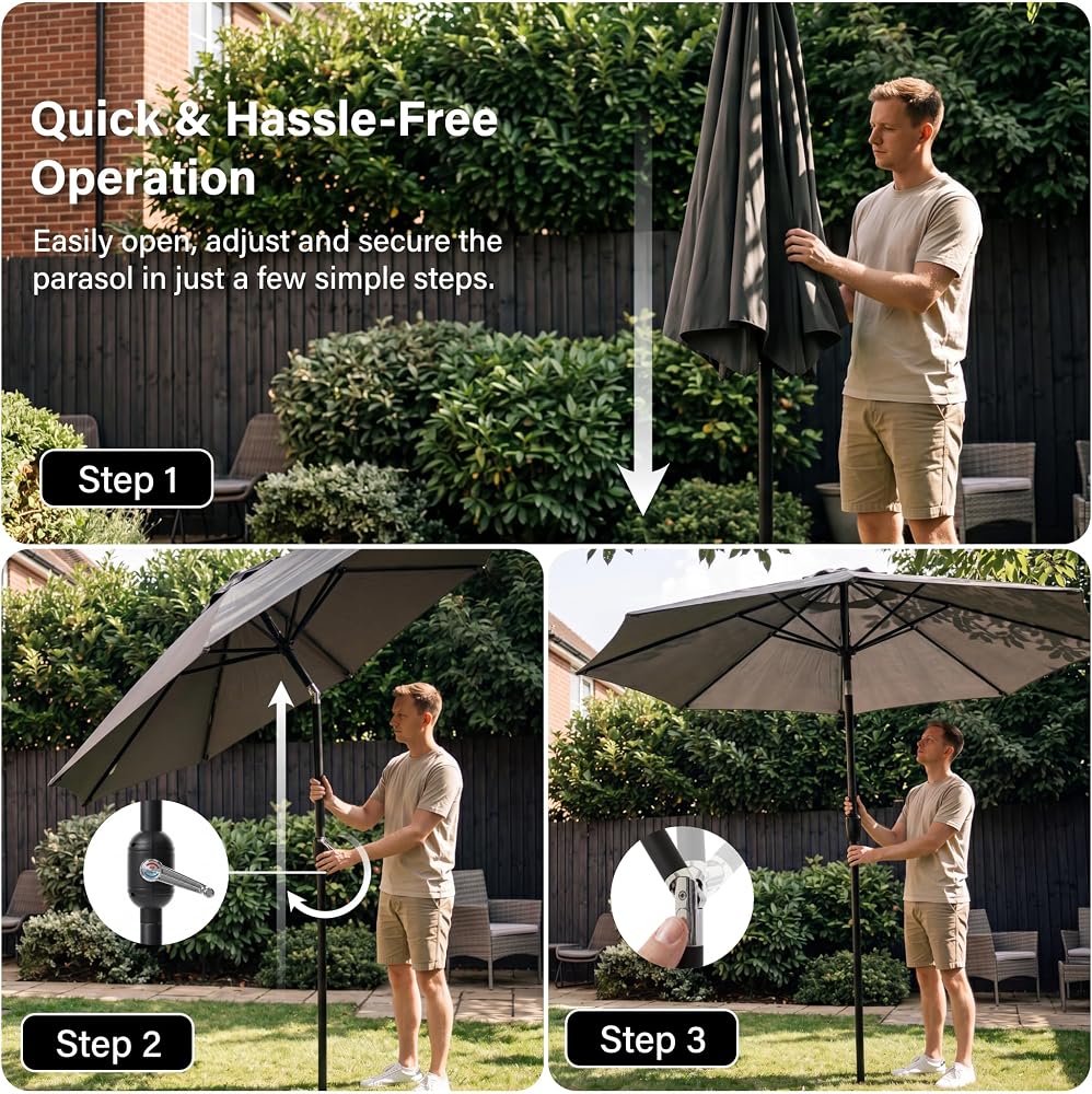 2.7m Tilting Parasol, Crank Up & Tilt Outdoor Garden Parasol Umbrella, Waterproof Sun Shade Canopy UV30+ Polyester Canopy, 38mm Parasol Pole, Air Vent, Steel Frame for Patio, Garden & Balcony