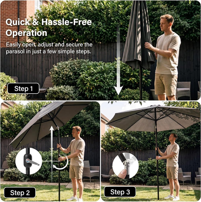 2.7m Tilting Parasol, Crank Up & Tilt Outdoor Garden Parasol Umbrella, Waterproof Sun Shade Canopy UV30+ Polyester Canopy, 38mm Parasol Pole, Air Vent, Steel Frame for Patio, Garden & Balcony