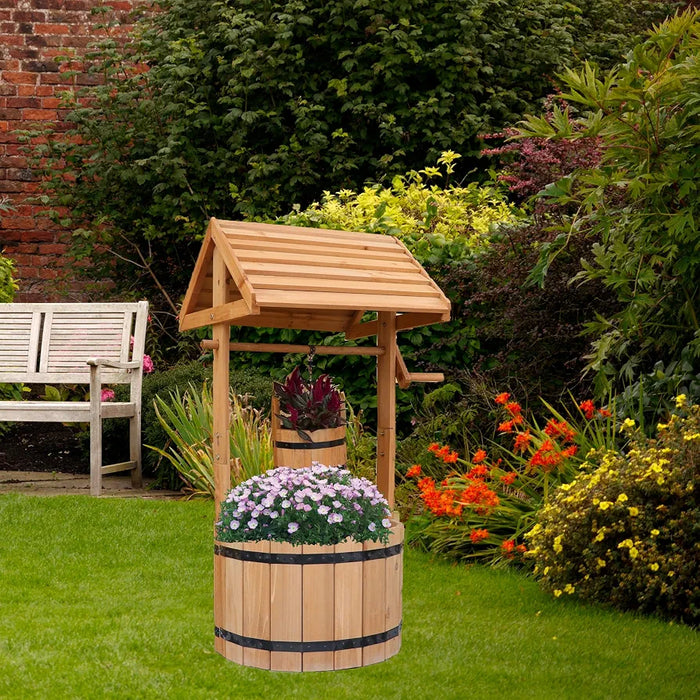 Vivo Technologies Large Wooden Wishing Well Planter Large Solid Pine Ornamental Outdoor Garden Plant Flower Pot Outdoor Ornament Decoration