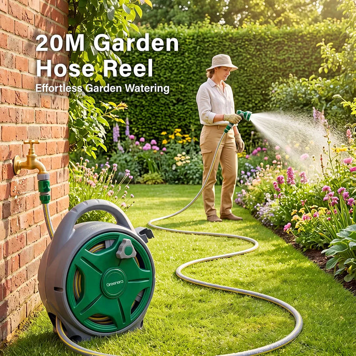 Garden Hose Reel 20M,18m Water Pipe +2m Leader Hose, Hose Pipe Reel with 10 Adjustable Spray Gun Nozzles, Manual Retractable Garden Water Hose Reel,Outdoor Hose Reel Set for Garden Patios,Balconies