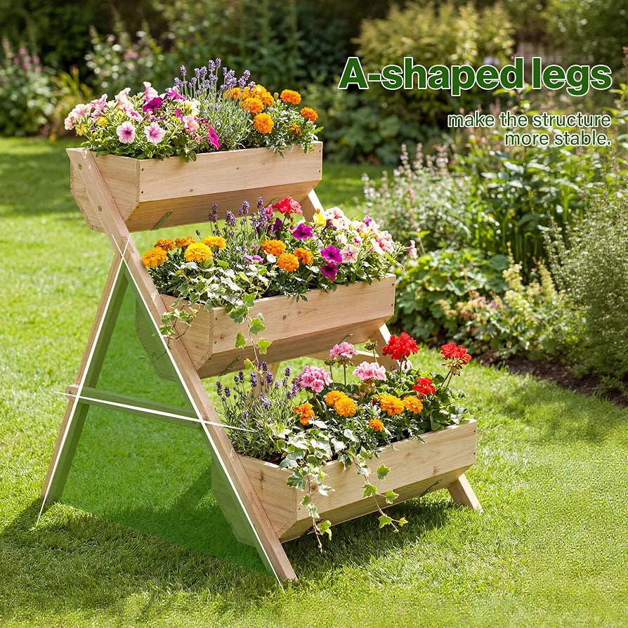 3-Tier Raised Garden Bed, Large Wooden Elevated Planter Box for Vegetables, Herbs & Flowers, Natural Wood Plant Stand for Outdoor Patio