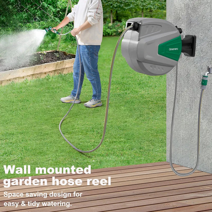 Wall Mounted Garden Hose Reel, 20+2m Retractable Hose Pipe, Auto Rewind System, Easy to Install, Any Length Lock,180°Swivel Bracket, Heavy Duty Water Hose Reel
