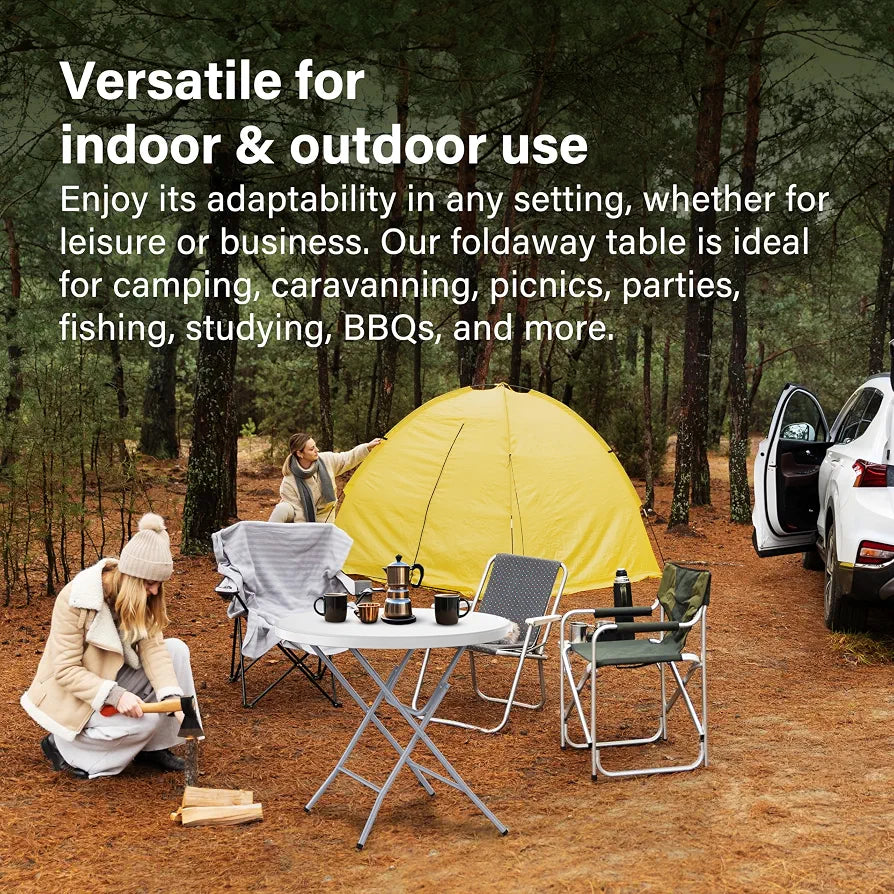 Vivo Technologies 80cm Round Folding Table, Portable Plastic Garden Table for Camping, Catering, BBQ, Picnic, Party, Car Boot Sales, Dining, Kitchen & Outdoor Events, White