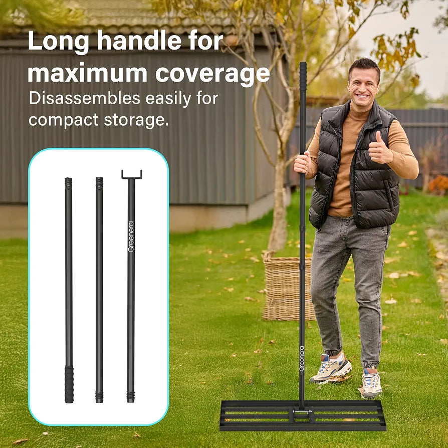 Lawn Levelling Rake, 75 x 25cm Lawn Leveler with 210cm Long Handle, Heavy Duty Stainless Steel Level Lawn Tool, Landscape Rake Adjustable Curved End Grip for Soil Sand Dirt Surfaces Garden Grass
