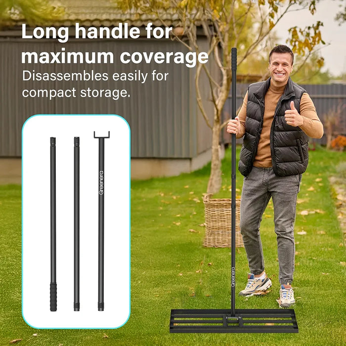 Lawn Levelling Rake, 75 x 25cm Lawn Leveler with 210cm Long Handle, Heavy Duty Stainless Steel Level Lawn Tool, Landscape Rake Adjustable Curved End Grip for Soil Sand Dirt Surfaces Garden Grass